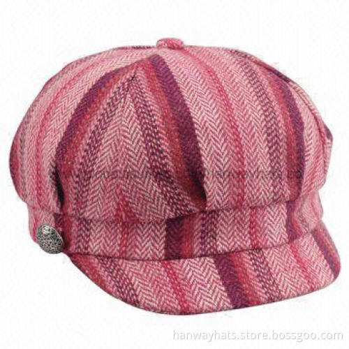 Girl's Winter Fashionable Multicolor Striped Fabric Bakerboy Cap/Newsboy Hat with Metal Button Trim